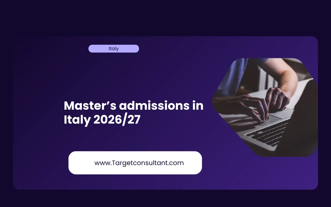 Illustration of Italian public universities with calendar icons showing 2026-27 Master's admission deadlines, application requirements, and fee-free options for international students