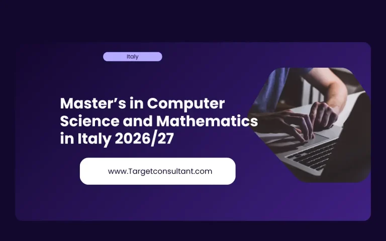 Map of Italy with icons of public universities offering English-taught Master's programs in Computer Science (LM-18), Mathematics (LM-40), Data Science and Cybersecurity for 2026-27 intake
