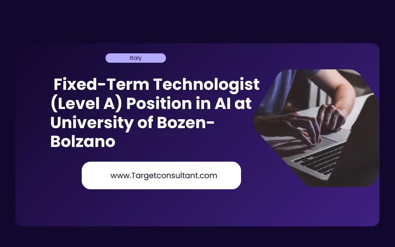 Illustration of a technologist working on AI algorithms in a modern lab at Free University of Bozen-Bolzano, applying for fixed-term Level A position under Decree 1492/2025